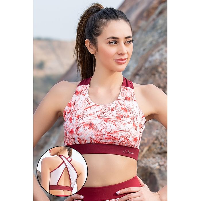 

Clovia Medium Impact Padded Non-Wired Printed Sports Bra in White - BR2054A09, Maroon