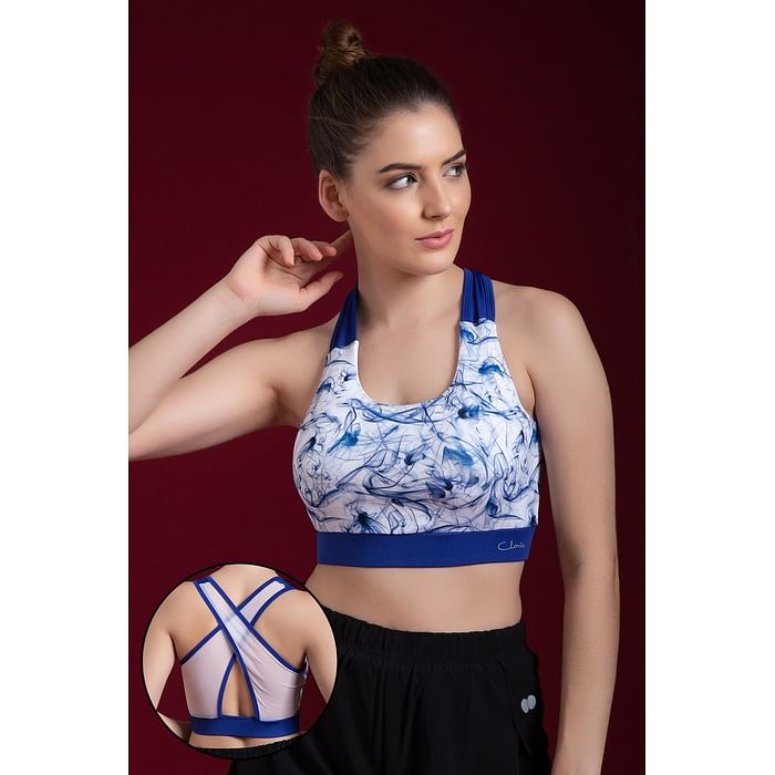 

Clovia Medium Impact Padded Non-Wired Abstract Print Racerback Sports Bra in White - BR2054P03, Light blue