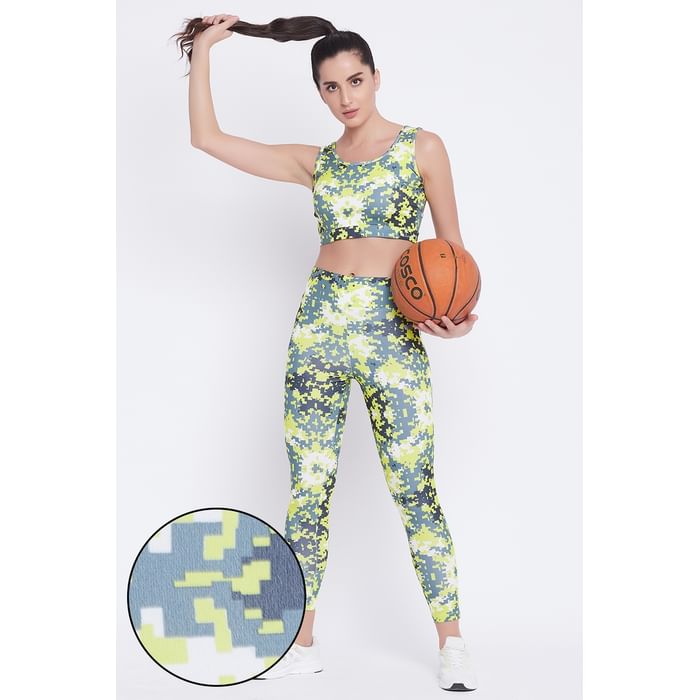

Clovia Medium Impact Padded Non-Wired Printed Sports Bra & Snug Fit Printed Active Tights in Light Grey - ASC042A01