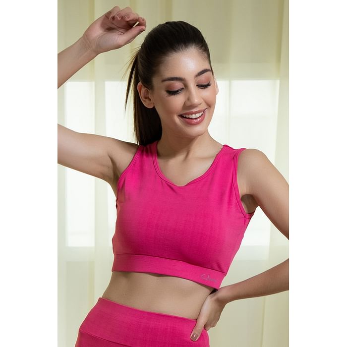 

Clovia Medium Impact Padded Non-Wired Sports Bra in Bubblegum Pink with Removable Cups - BRS015P14