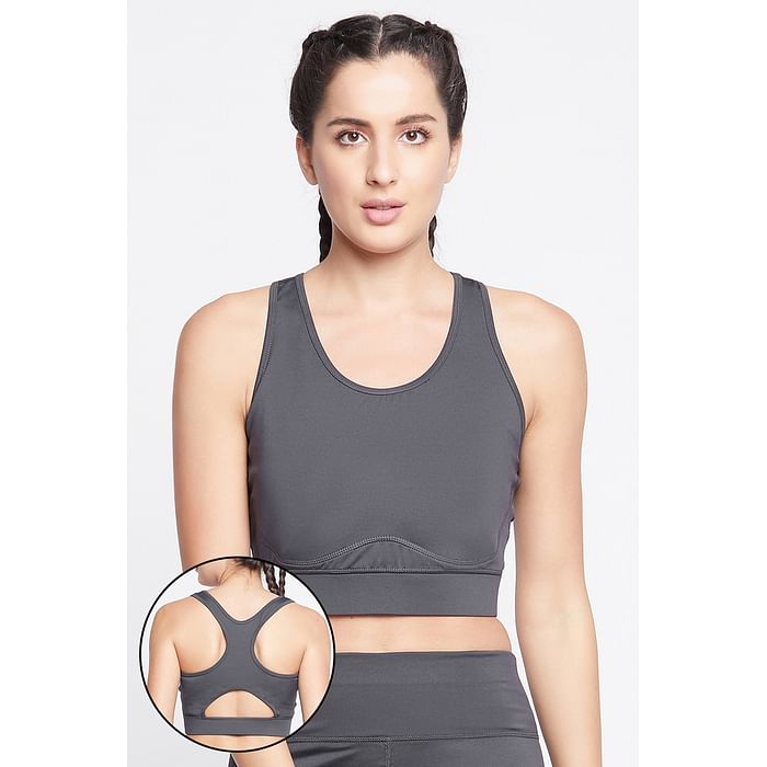 

Clovia Medium Impact Padded Non-Wired Sports Bra in Dark Grey with Racerback - BRS011P05