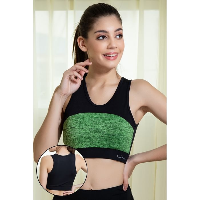 

Clovia Medium Impact Padded Non-Wired Sports Bra in Green with Removable Cups - BRS018P11, Light green