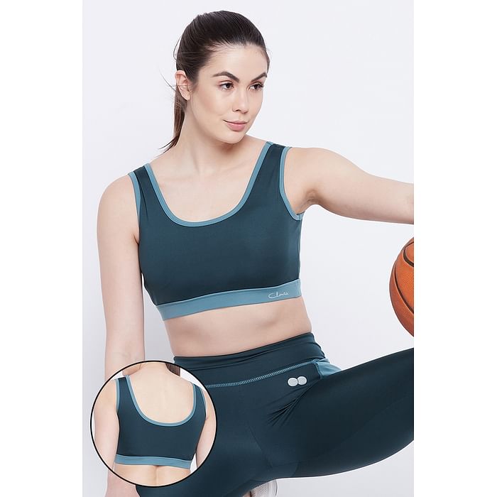 

Clovia Medium Impact Padded Non-Wired Sports Bra in Teal Blue with Removable Cups - BR2321P36