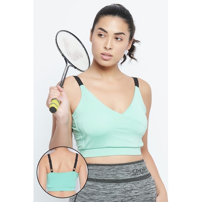 

Clovia Medium Impact Padded Non-Wired Sports Bra in Turquoise Blue with Removable Cups - BR2267P11, Light green