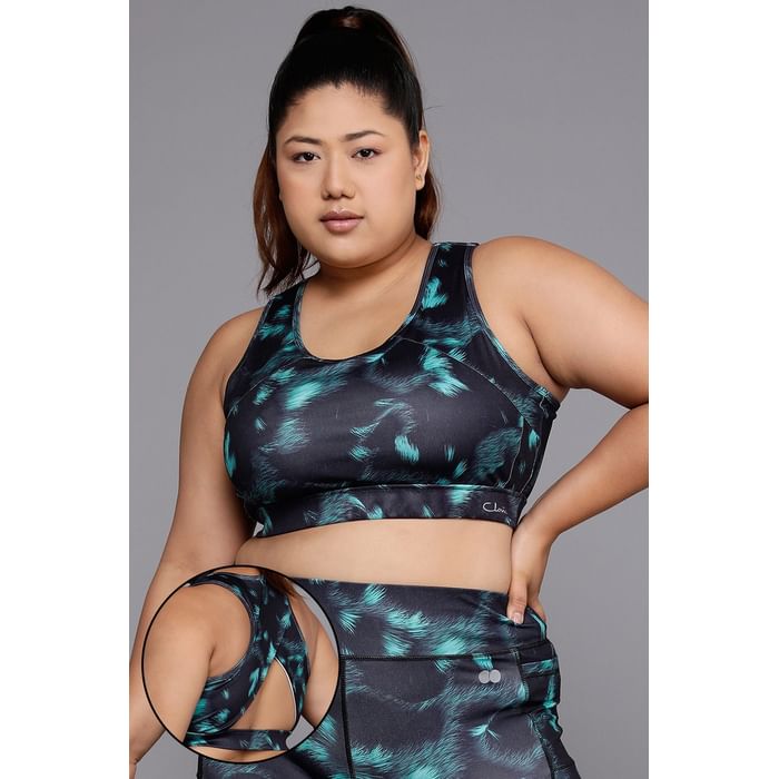 

Clovia Medium Impact Padded Printed Racerback Sports Bra in Black - BRS041P13