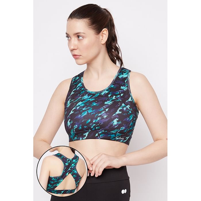 

Clovia Medium Impact Padded Printed Racerback Sports Bra in Turquoise Green - BRS041P17, Dark green