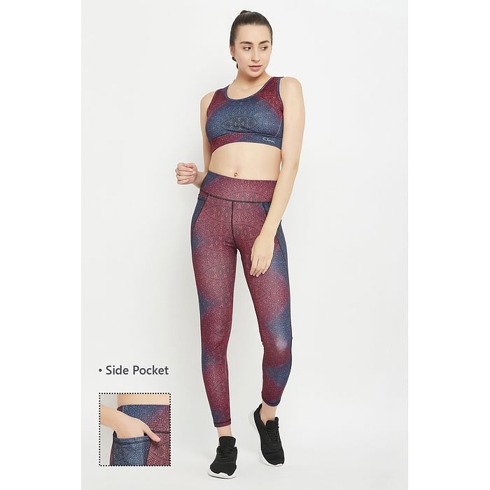 

Clovia Medium Impact Padded Printed Sports Bra & High Rise Active Tights in Multicolour with Side Pocket - ASC042H19