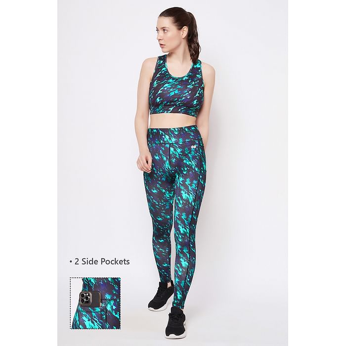 

Clovia Medium Impact Padded Printed Sports Bra & High Rise Active Tights with Side Pocket in Green - ASC010P17, Dark green
