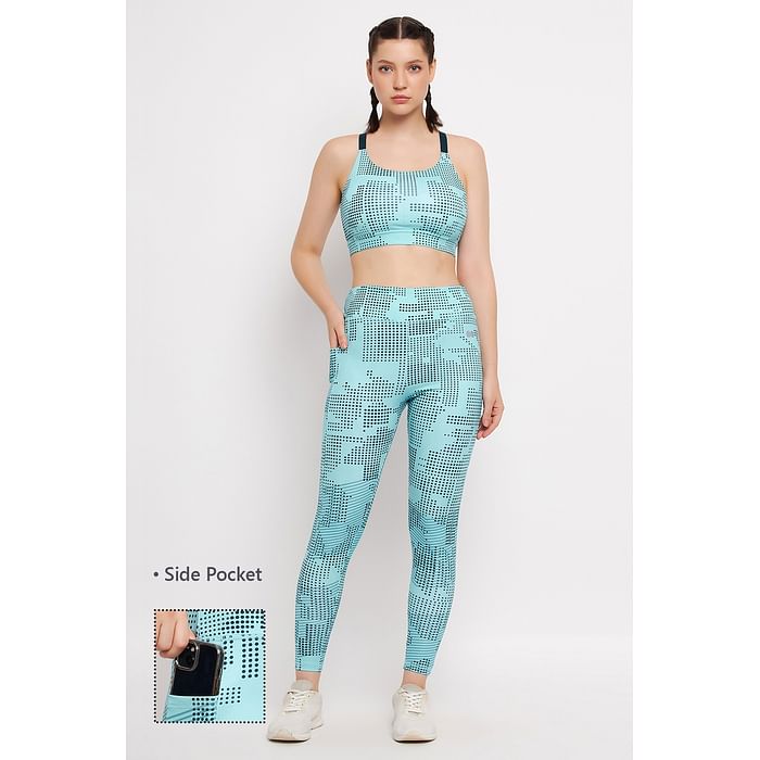 

Clovia Medium Impact Padded Printed Sports Bra & High Rise Active Tights with Side Pocket in Sky Blue - ASC067P03, Light blue