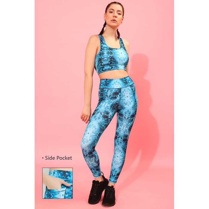 

Clovia Medium Impact Padded Printed Sports Bra & High Rise Active Tights with Side Pocket in Sky Blue - ASC046N08, Navy