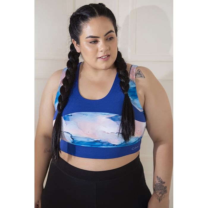 

Clovia Medium Impact Padded Marble Print Sports Bra in Blue - BR2159A03, Light blue