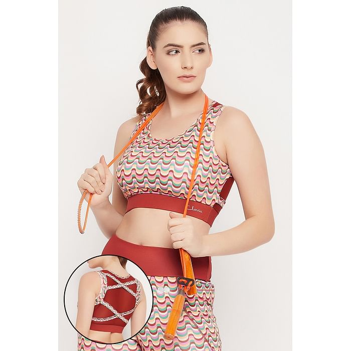 

Clovia Medium Impact Padded Y2K Print Sports Bra in Multicolour - BRS031R19