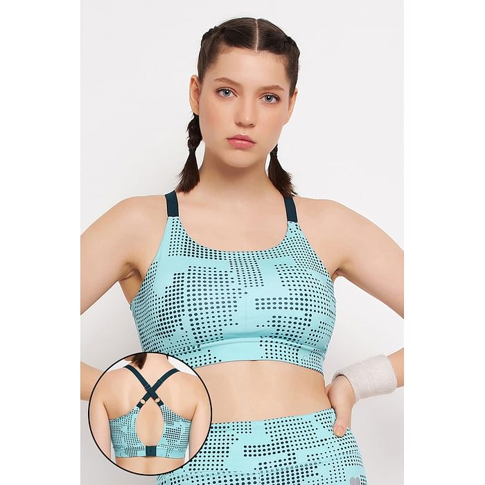 

Clovia Medium Impact Padded Printed Sports Bra in Sky Blue with Removable Cups - BRS067P03, Light blue