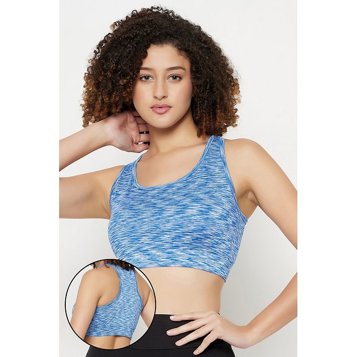 

Clovia Medium Impact Padded Racerback Active Sports Bra in Baby Blue Melange - BRS046A03, Light blue