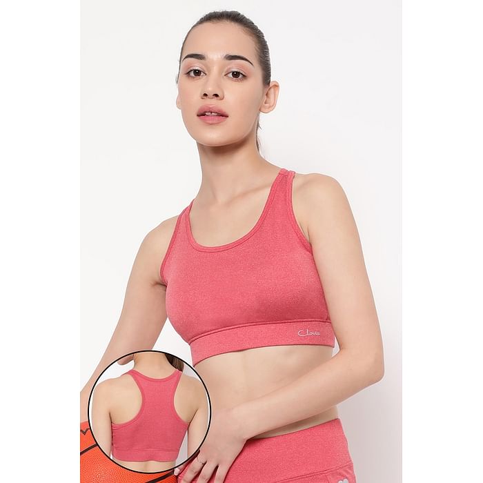 

Clovia Medium Impact Padded Racerback Active Sports Bra in Coral Melange - BRS041P04, Red