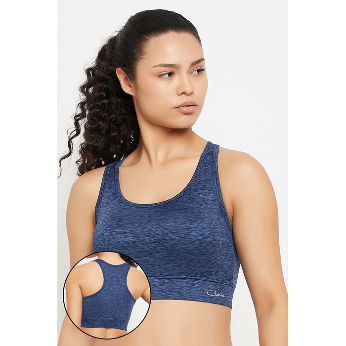 

Clovia Medium Impact Padded Racerback Active Sports Bra in Navy Melange - BRS046P08