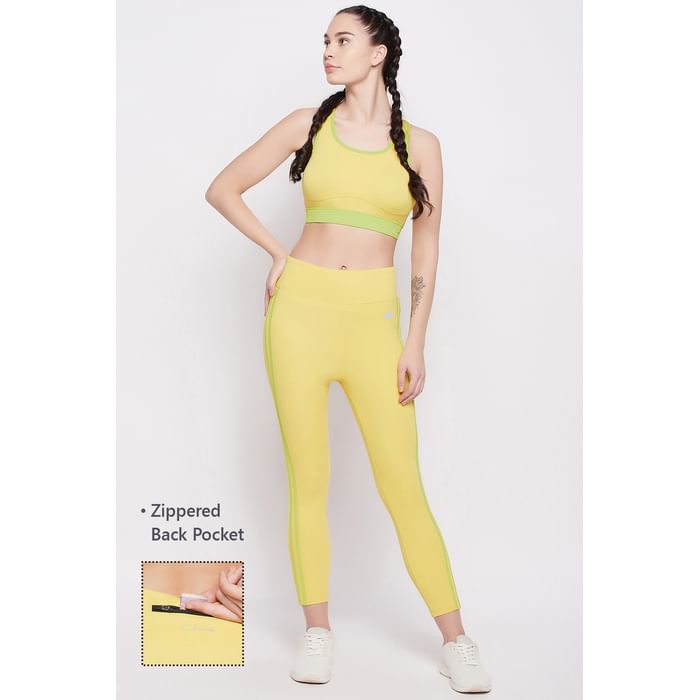 

Clovia Medium Impact Padded Racerback Sports Bra & High Rise Active Tights with Back Pocket in Yellow - ASC058P02, Light yellow