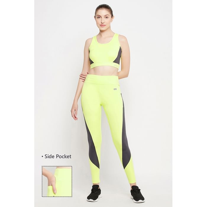 

Clovia Medium Impact Padded Racerback Sports Bra & High Rise Active Tights with Side Pocket in Lemon Yellow - ASC047P02, Light yellow