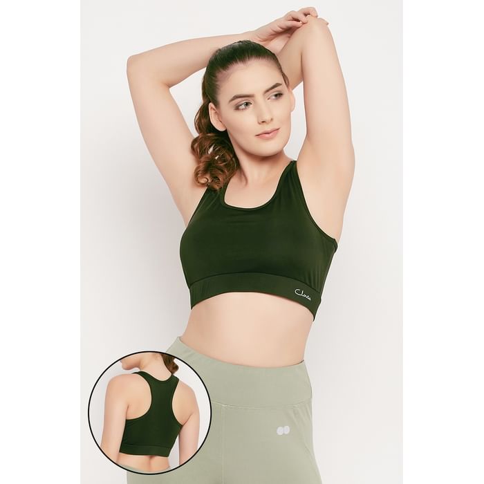 

Clovia Medium Impact Padded Racerback Sports Bra in Olive Green - BRS046R17, Dark green