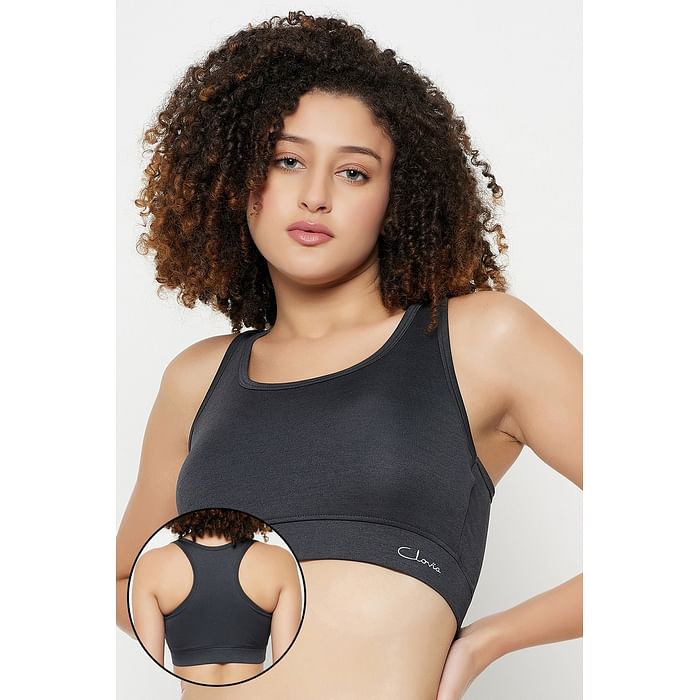 

Clovia Medium Impact Padded Racerback Sports Bra in Dark Grey - BRS060P05