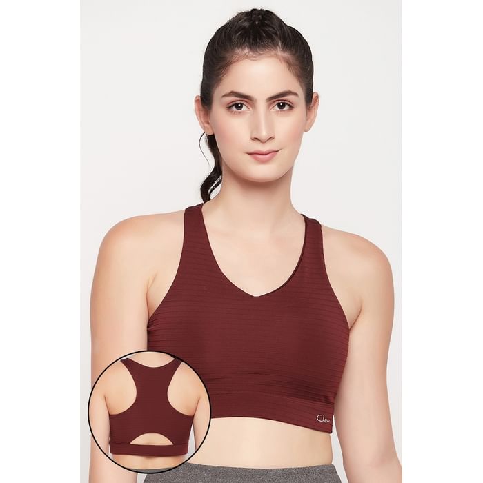 

Clovia Medium Impact Padded Racerback Sports Bra in Maroon - BRS046P06, Brown