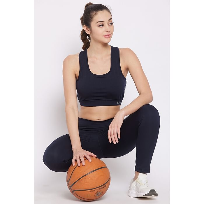 

Clovia Medium Impact Padded Racerback Sports Bra & Snug Fit High Rise Active Tights in Navy - ASC042K08