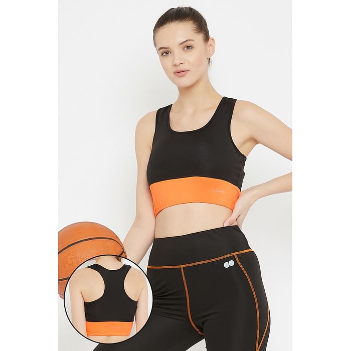 

Clovia Medium Impact Padded Racerback Sports Bra with Removable Cups in Black - BR2084P16, Orange