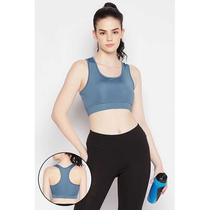 

Clovia Medium Impact Padded Sports Bra in Stone Blue with Racerback - BRS046P03, Light blue