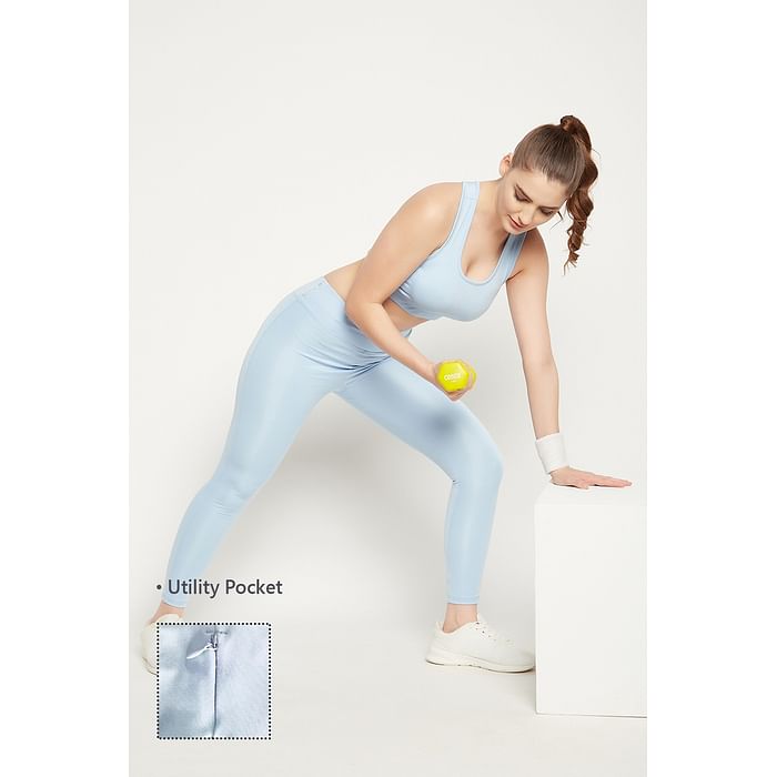 

Clovia Medium Impact Padded Sports Bra & High-Rise Tights in Sky Blue with Side Pocket - ASC099A03, Light blue