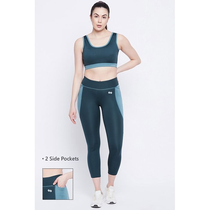 

Clovia Medium Impact Padded Sports Bra & Snug Fit Mid-Rise Ankle-Lenth Tight in Teal Blue - ASC057P36