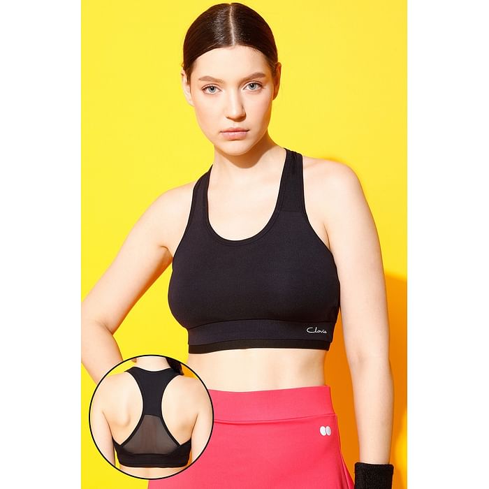 

Clovia Medium Impact Padded Sports Bra with Mesh Racerback Design in Black - BR2158P13