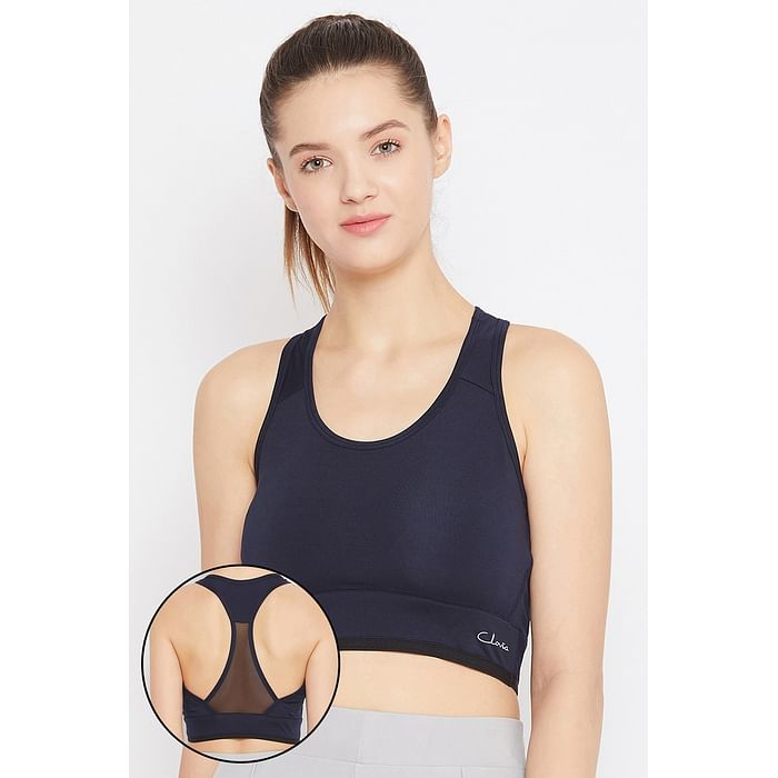 

Clovia Medium Impact Padded Sports Bra with Mesh Racerback Design in Navy - BR2158P08