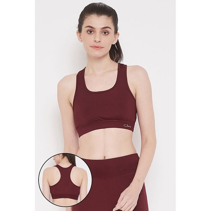 

Clovia Medium Impact Padded Sports Bra with Removable Cups in Maroon - BR2084A09