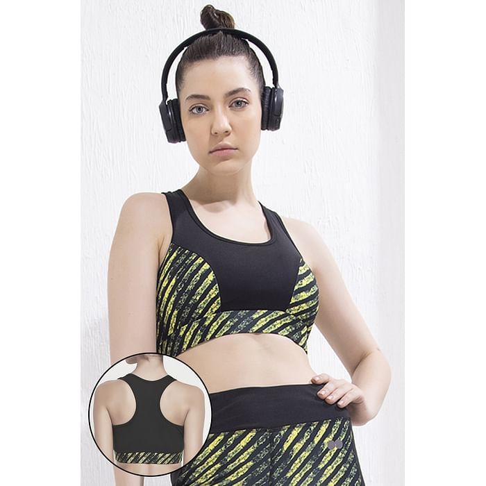 

Clovia Medium Impact Padded Striped Racerback Active Sports Bra in Black - BRS052P13