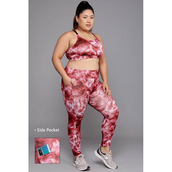 

Clovia Medium Impact Padded Tie-Dye Print Sports Bra & High Rise Active Tights with Side Pocket in Crimson - ASC010P09, Maroon