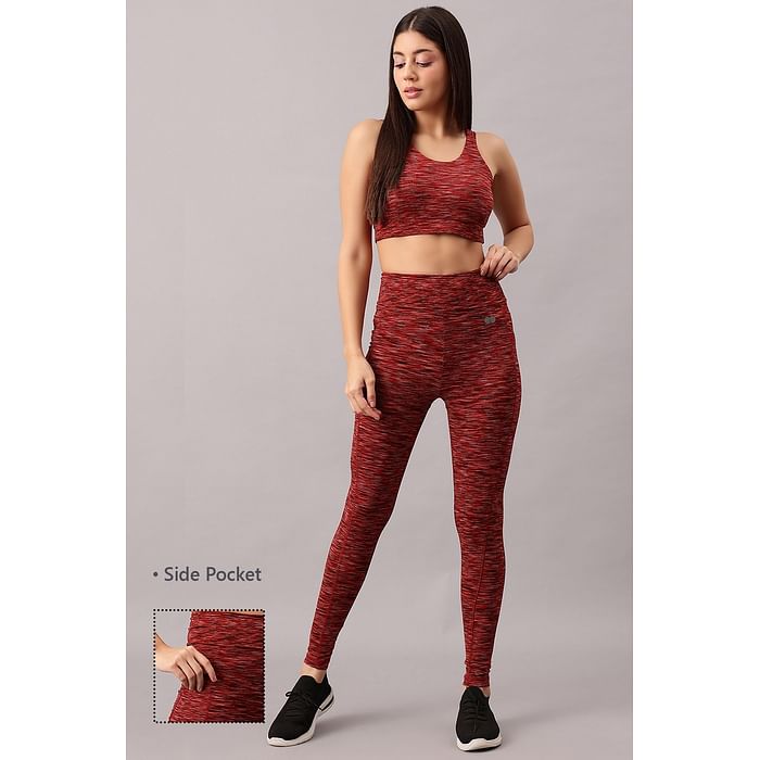 

Clovia Medium Impact Printed Padded Sports Bra & High Rise Active Tights in Maroon with Side Pocket - ASC100A09