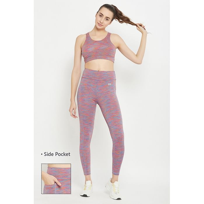 

Clovia Medium Impact Printed Padded Sports Bra & High Rise Active Tights in Multicolour with Side Pocket - ASC100P19