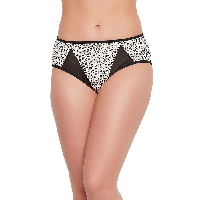 

Clovia Mid Waist Animal Print Bikini Panty in White with Powernet Panels - PN1790A18