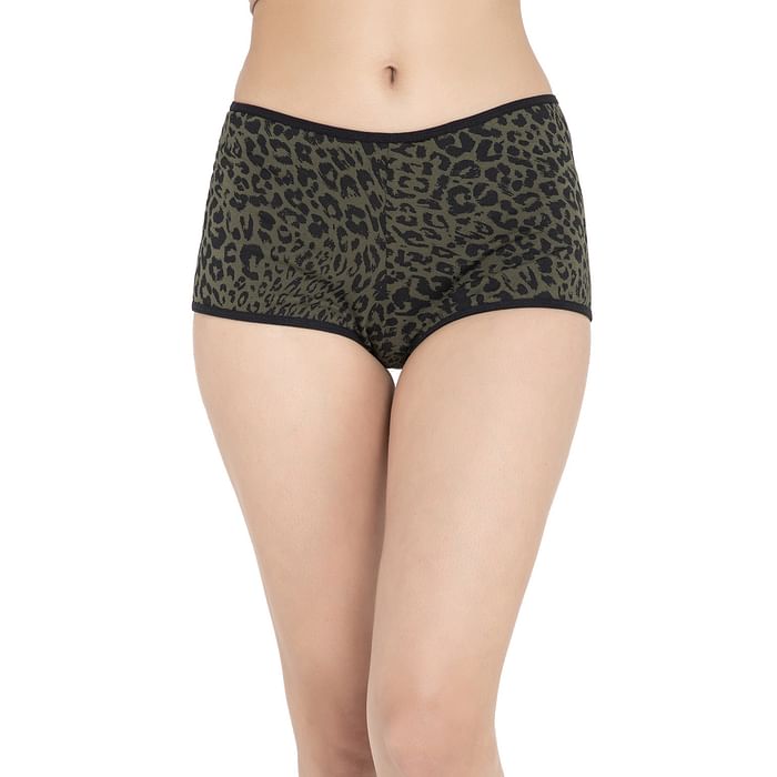 

Clovia Mid Waist Animal Print Boyshorts in Olive Green - Cotton - PN2260E17, Dark green