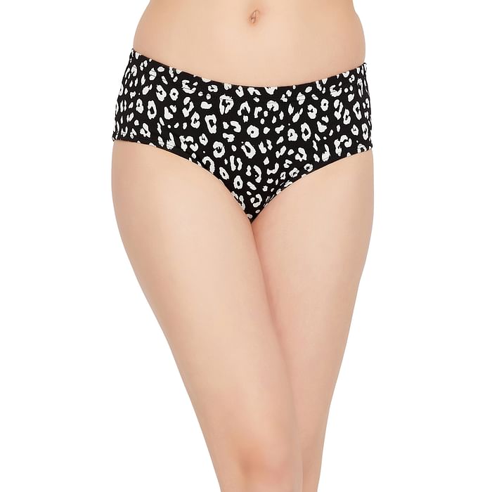 

Clovia Mid Waist Animal Print Hipster Panty in Black with Inner Elastic - 100% Cotton - PN2378A13