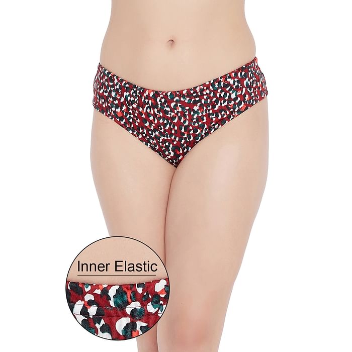 

Clovia Mid Waist Animal Print Hipster Panty in Maroon with Inner Elastic - Cotton - PN2855Z09