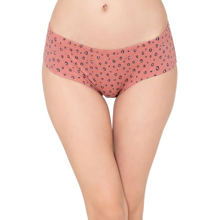 

Clovia Mid Waist Animal Print Hipster Panty in Peach Colour with Inner Elastic - 100% Cotton - PN2488A34