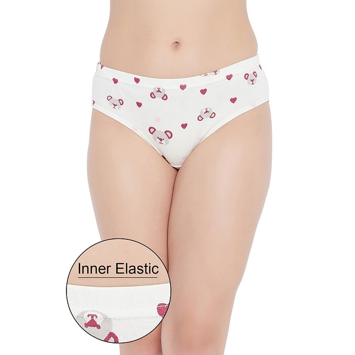 

Clovia Mid Waist Teddy Bear Print Hipster Panty in White with Inner Elastic - Cotton - PN2855Q18