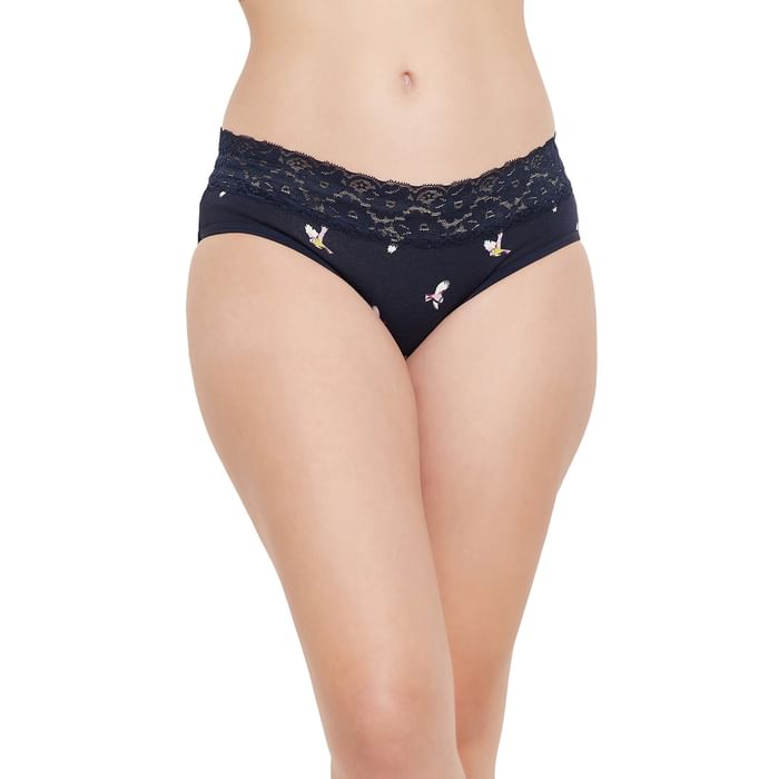 

Clovia Mid Waist Bird Print Hipster Panty in Navy with Lace Waist - Cotton - PN3278B08