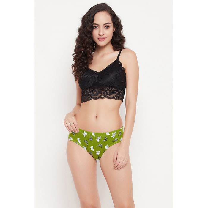

Clovia Mid Waist Butterfly Print Hipster Panty in Lime Green with Inner Elastic - 100% Cotton - PN3227A11, Light green