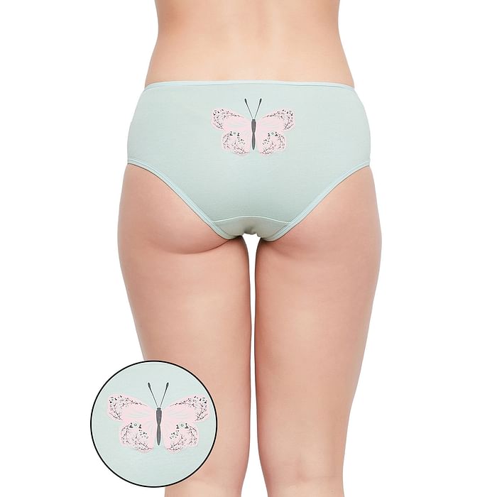 

Clovia Mid Waist Butterfly Print Hipster Panty in Sage Green - Cotton - PN3297B11, Light green