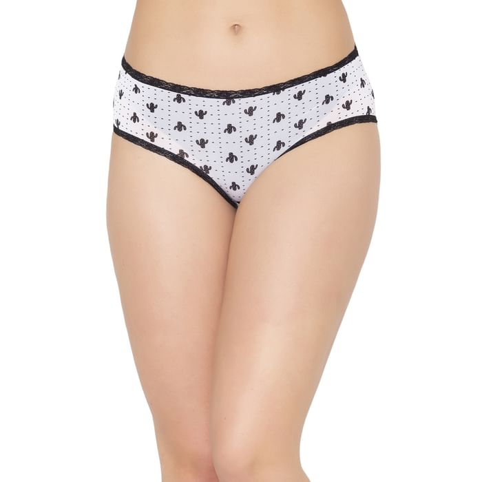 

Clovia Mid Waist Cactus Print Hipster Panty with Lace Trims in White - PN3404A18