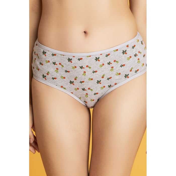 

Clovia Mid Waist Cactus Print Teenage Hipster Panty in Melange Grey - Cotton - PB0023P05, Dark grey