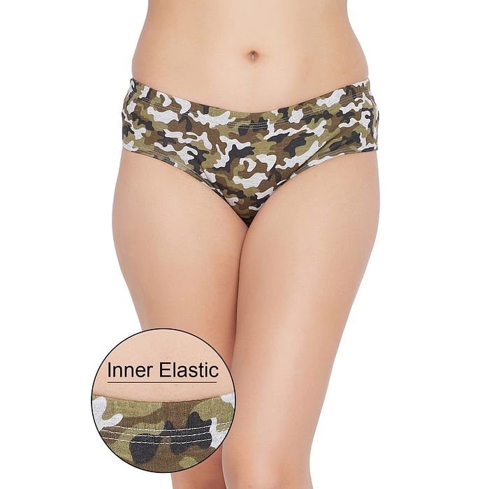 Clovia - Clovia Mid Waist Camouflage Print Hipster Panty in Olive Green with Inner Elastic – Cotton – PN2855K17
