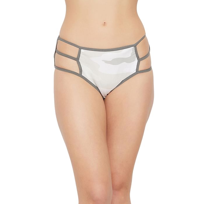 

Clovia Mid Waist Camouflage Print Hipster Panty in Grey with Cage Detailing - Cotton - PN3236A18, White